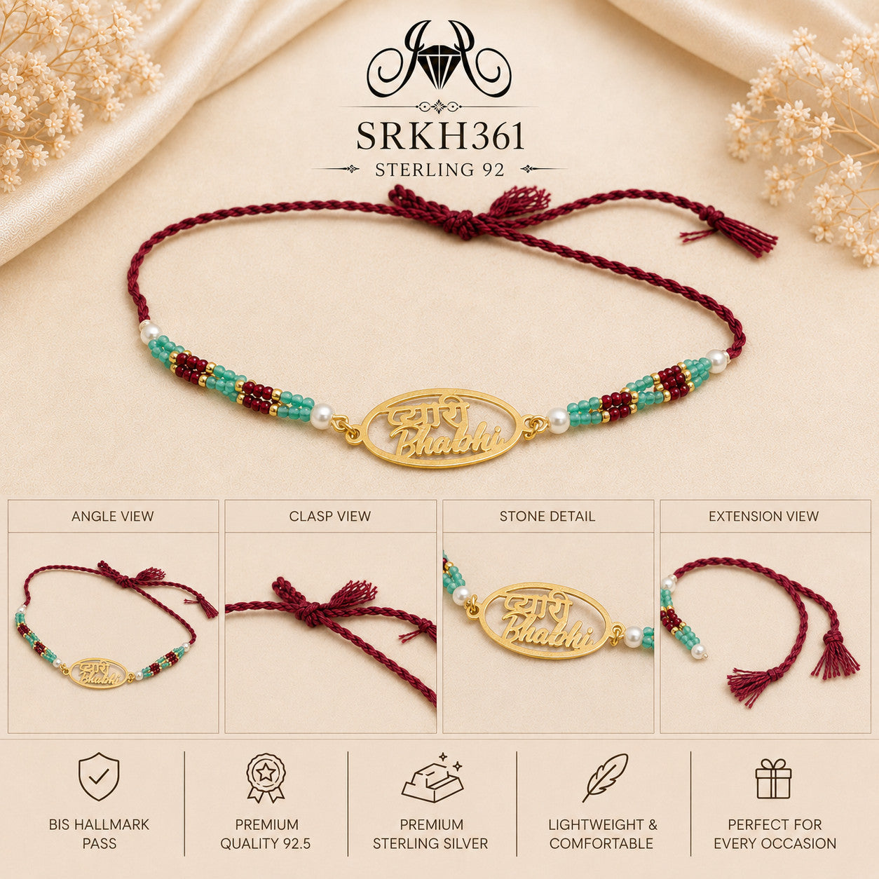 SRKH361 sterling silver rakhi detail views