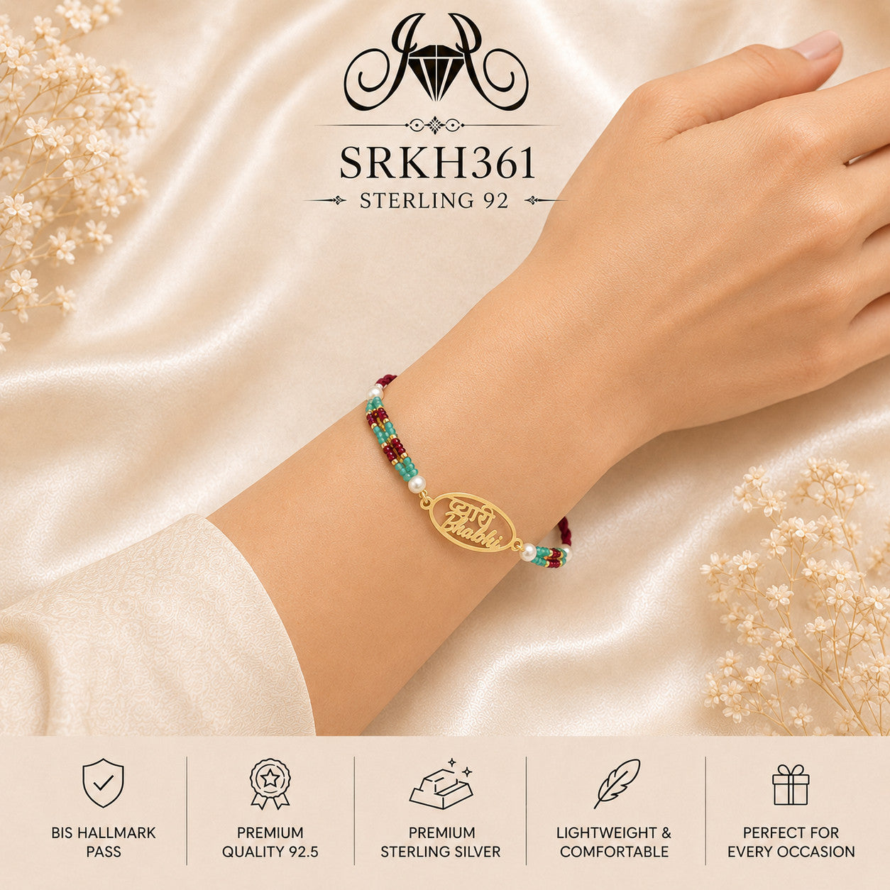 SRKH361 sterling silver rakhi worn on wrist