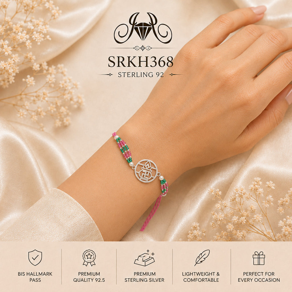 SRKH368 sterling silver rakhi worn on wrist
