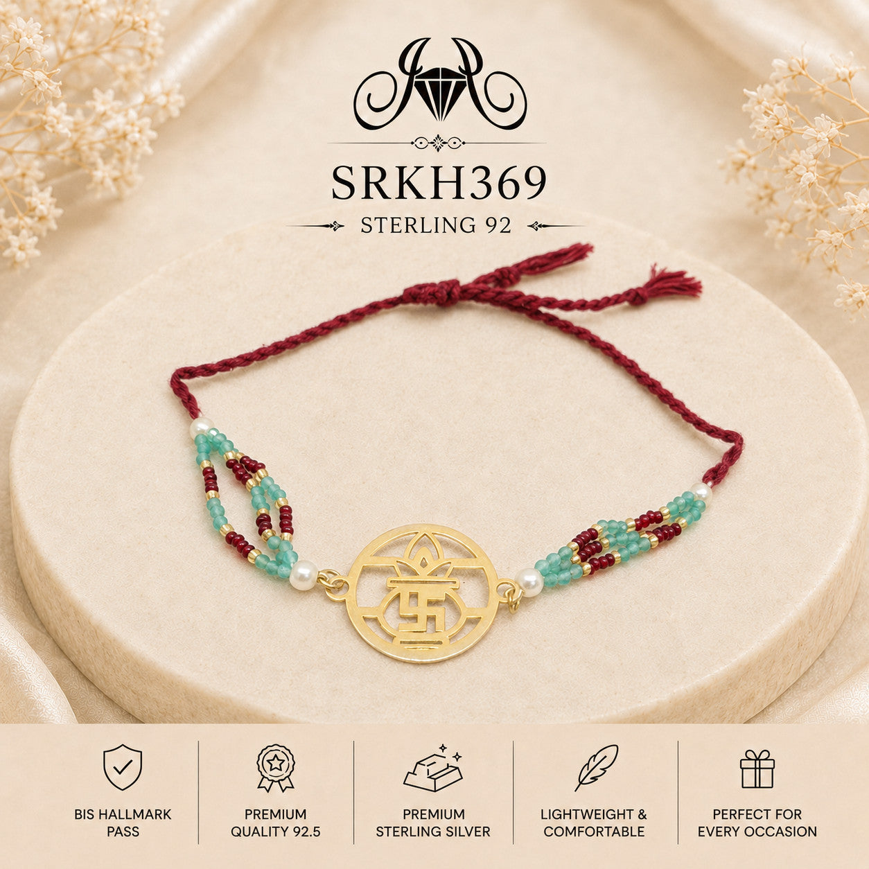 SRKH369 Swastik sterling silver rakhi front view