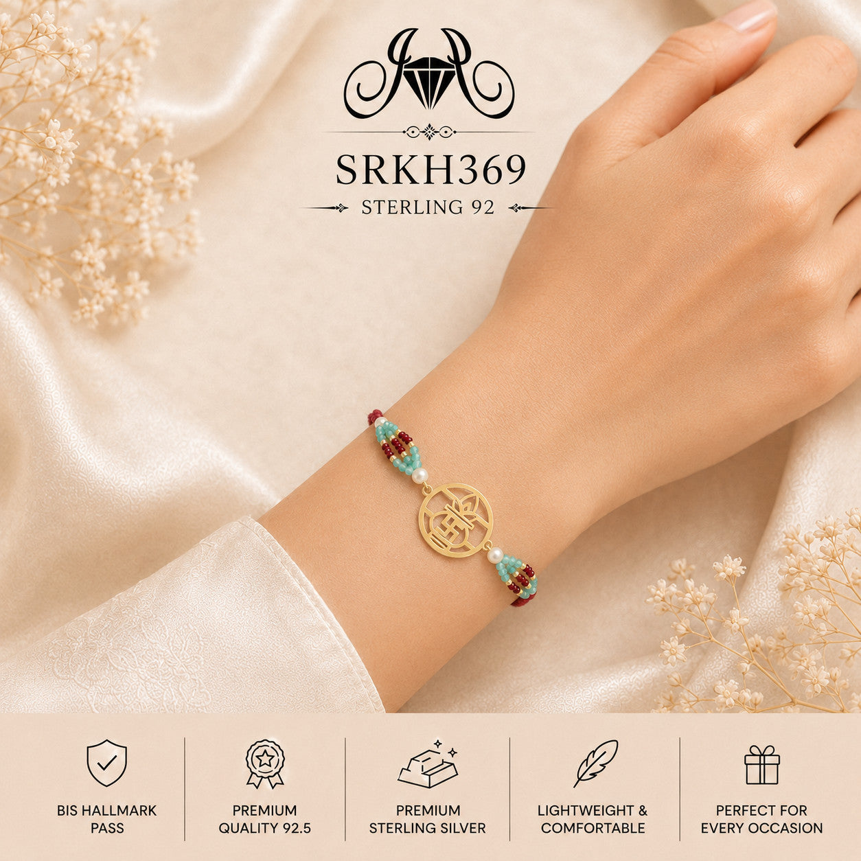 SRKH369 sterling silver rakhi worn on wrist