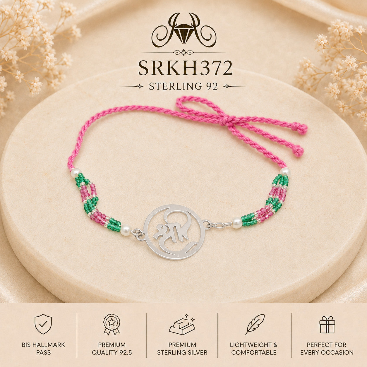 SRKH372 Shri sterling silver rakhi front view