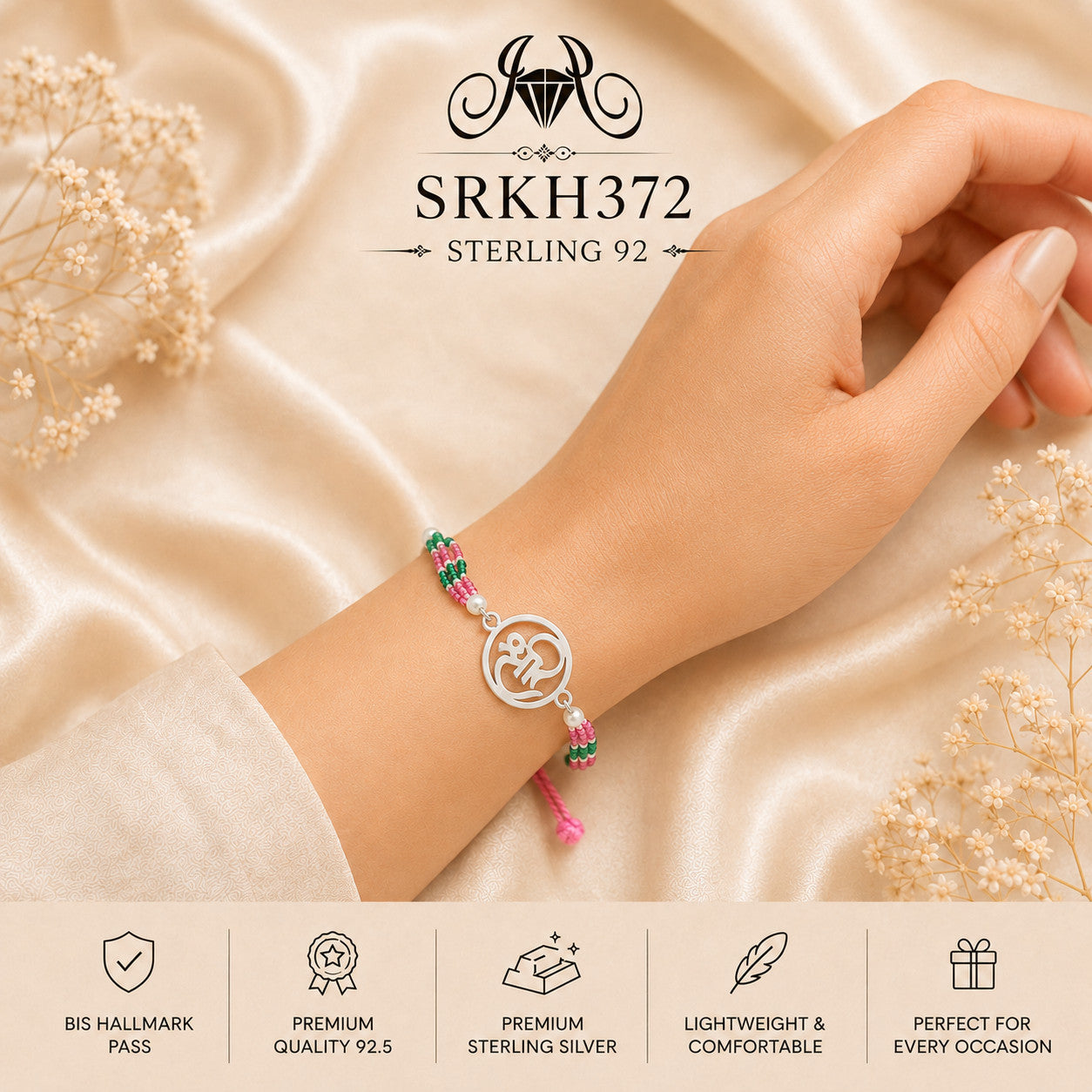 SRKH372 sterling silver rakhi worn on wrist