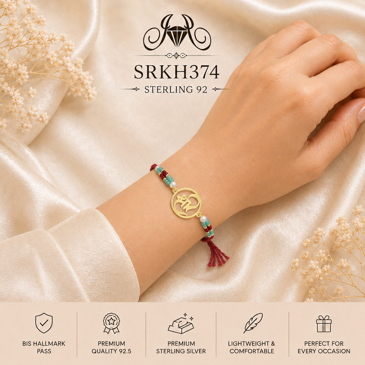 SRKH374 sterling silver rakhi worn on wrist