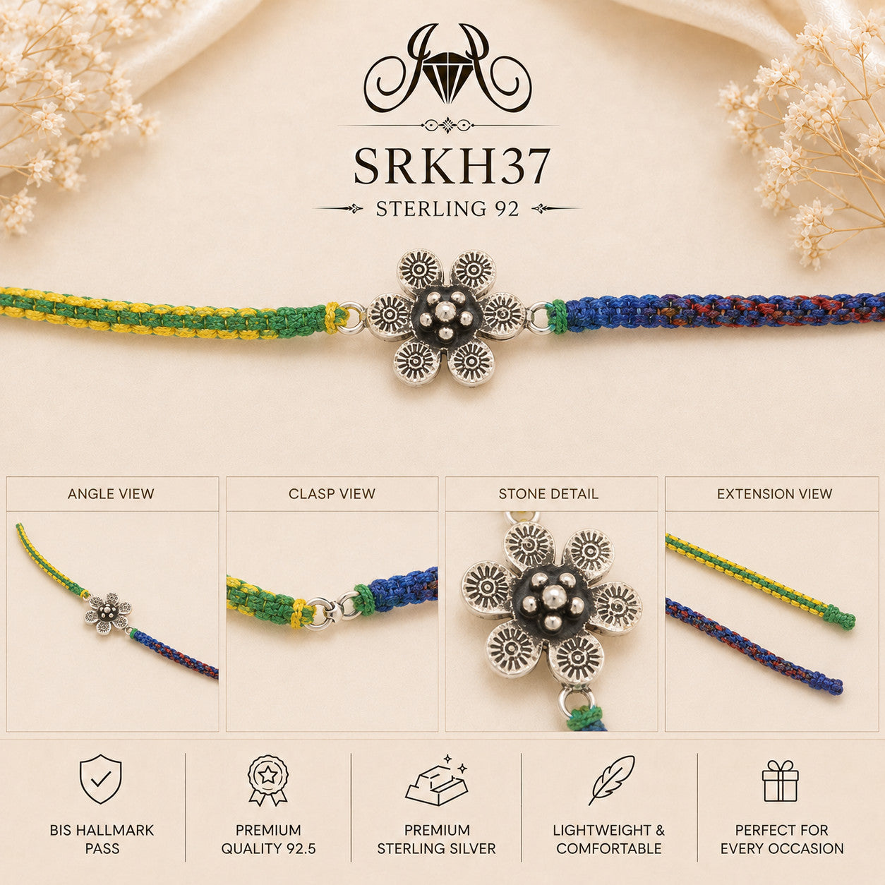 SRKH37 premium sterling silver Rakhi detail views