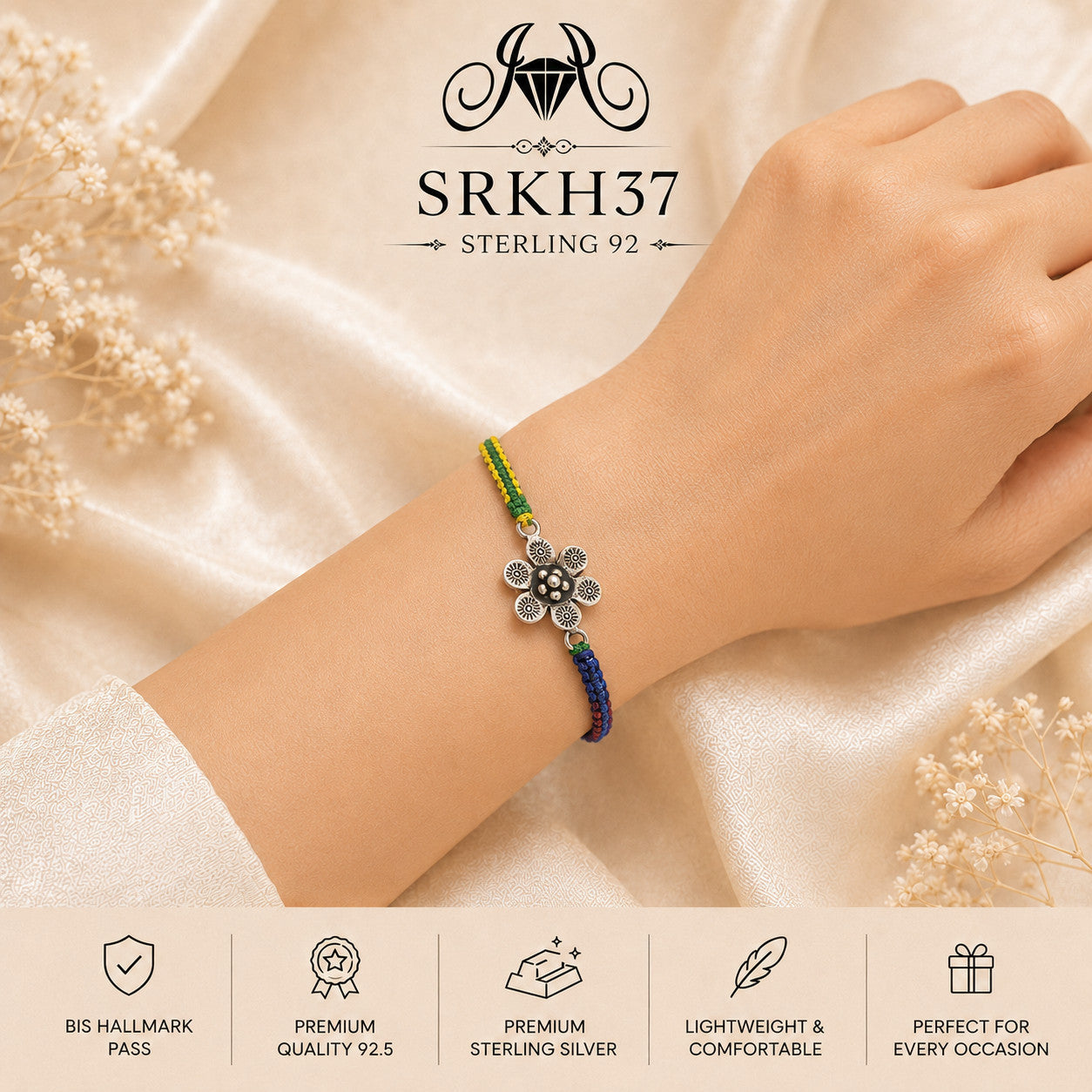 SRKH37 premium sterling silver Rakhi worn on wrist