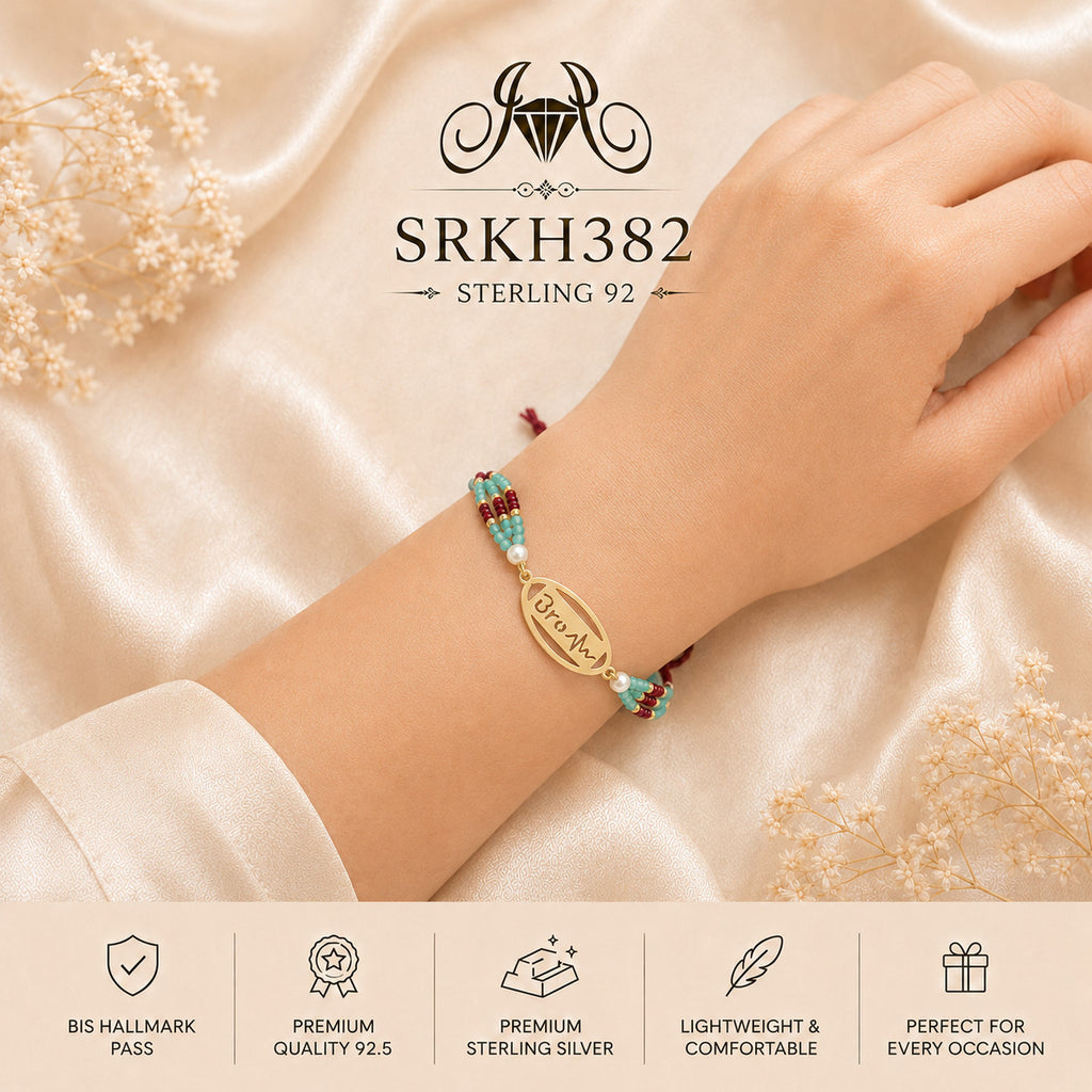 SRKH382 sterling silver rakhi worn on wrist