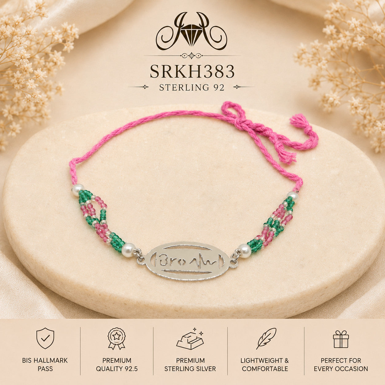 SRKH383 Bro heartbeat sterling silver rakhi front view