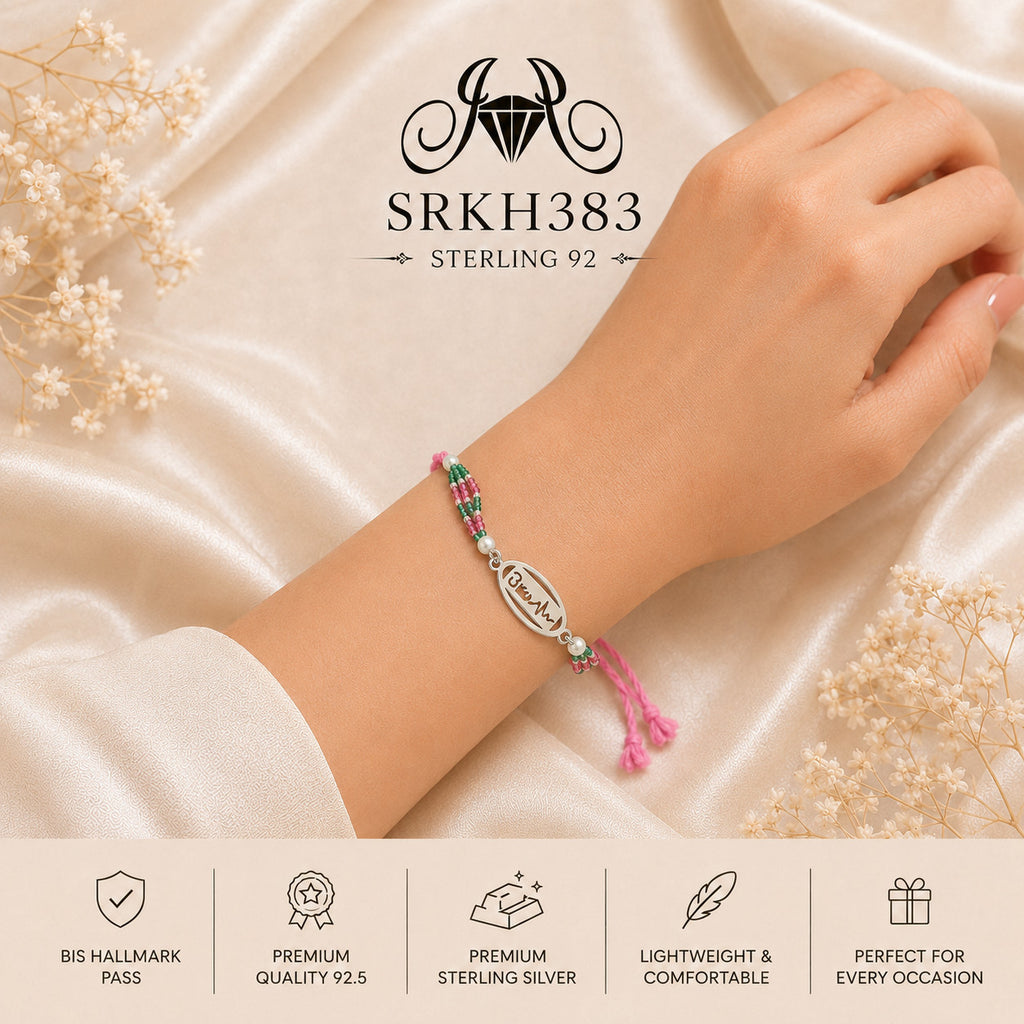 SRKH383 sterling silver rakhi worn on wrist