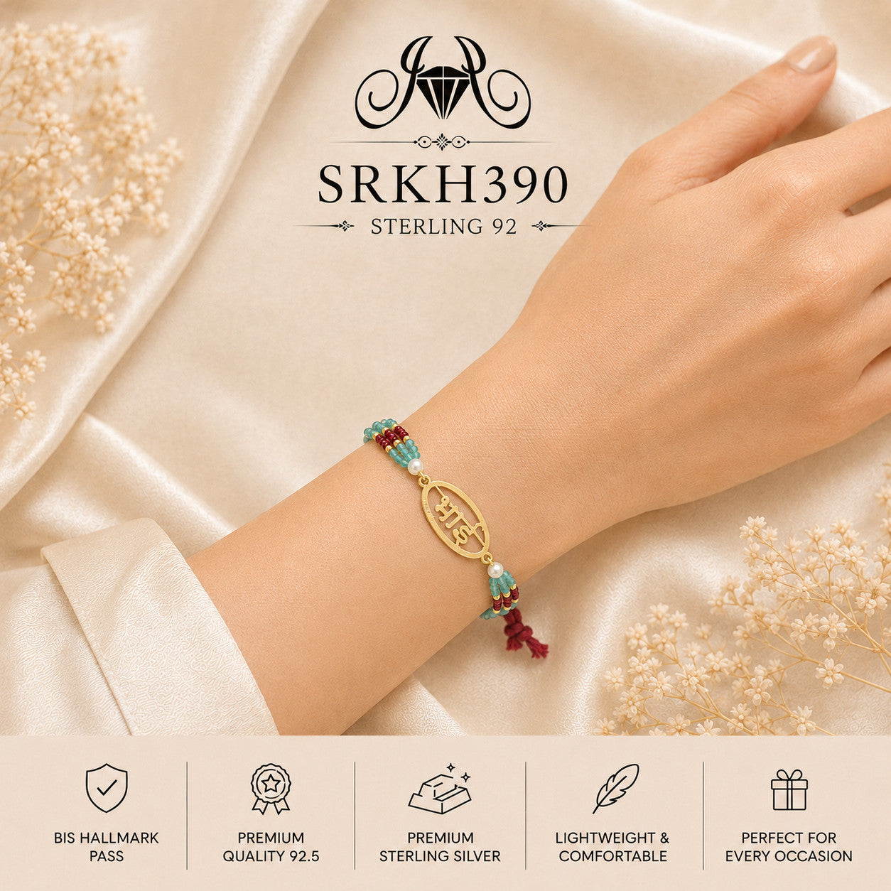 SRKH390 sterling silver rakhi worn on wrist