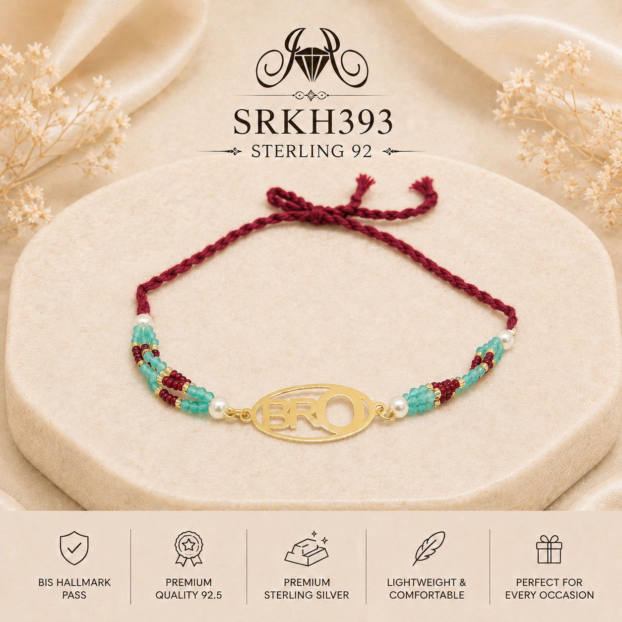 SRKH393 Bro sterling silver rakhi front view