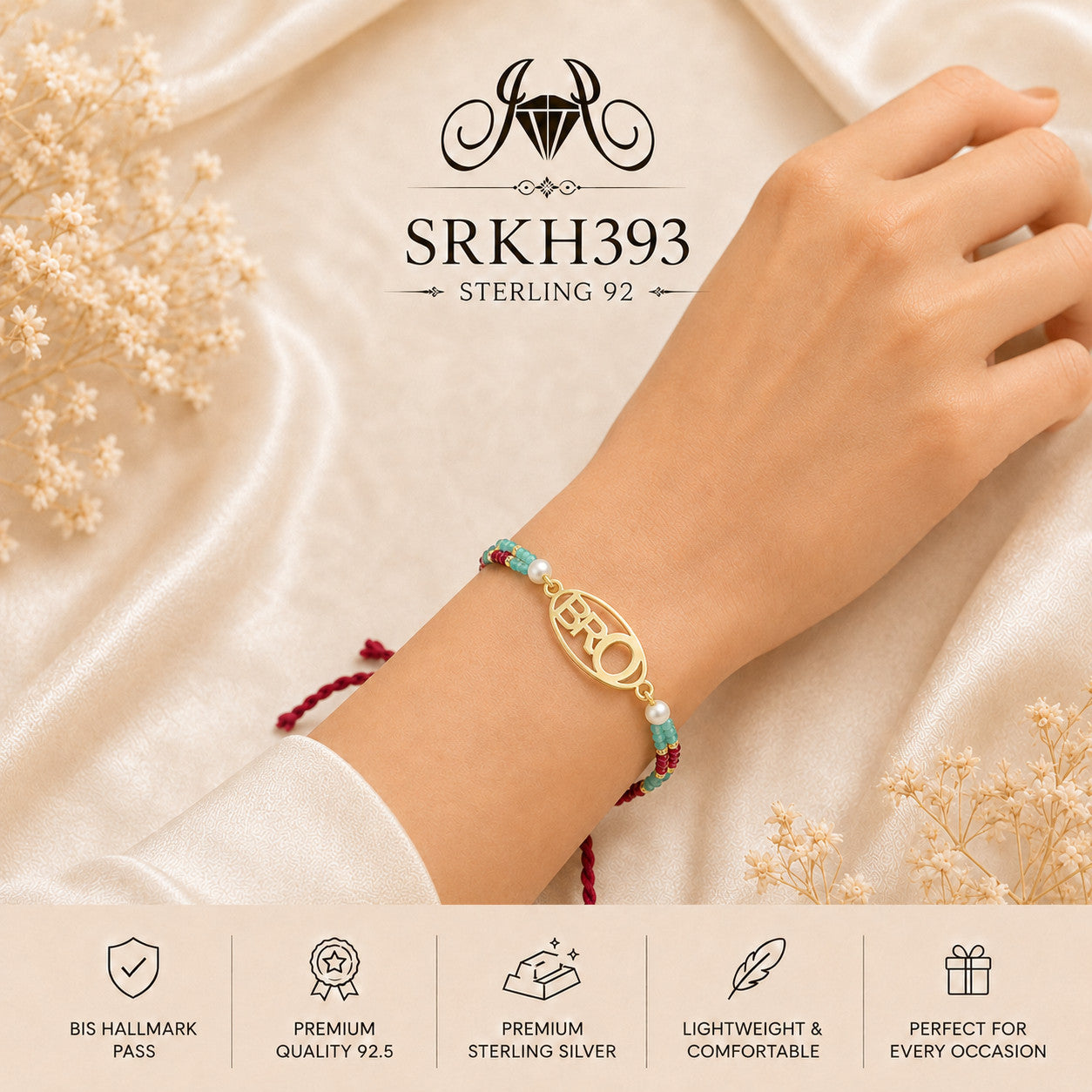 SRKH393 sterling silver rakhi worn on wrist