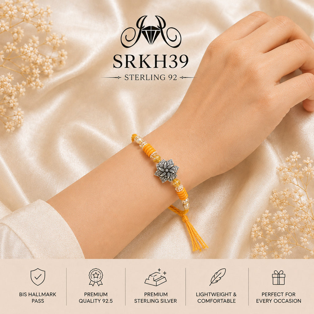 SRKH39 premium sterling silver Rakhi worn on wrist