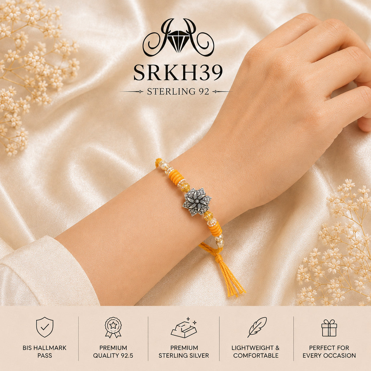 SRKH39 premium sterling silver Rakhi worn on wrist