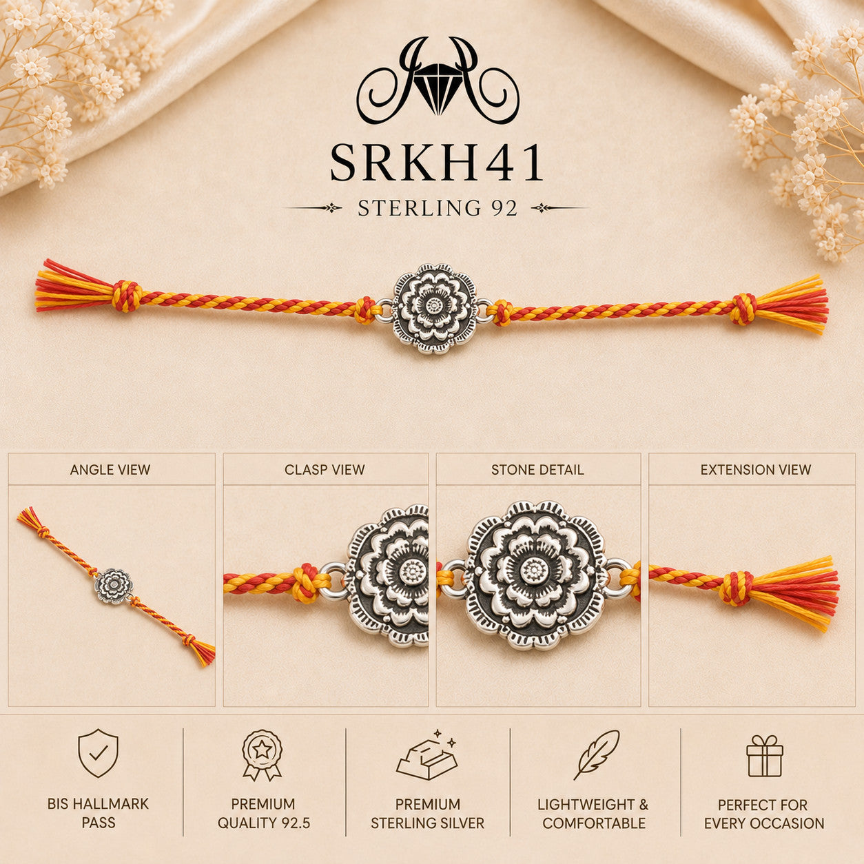 SRKH41 premium sterling silver Rakhi detail views