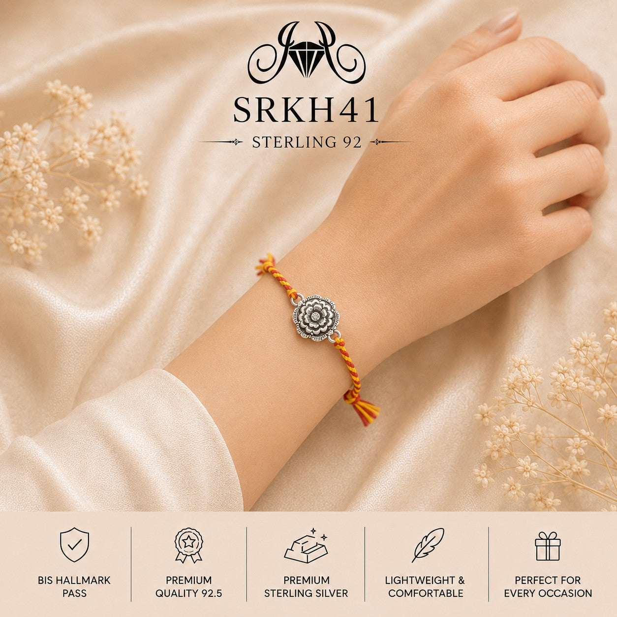 SRKH41 premium sterling silver Rakhi worn on wrist