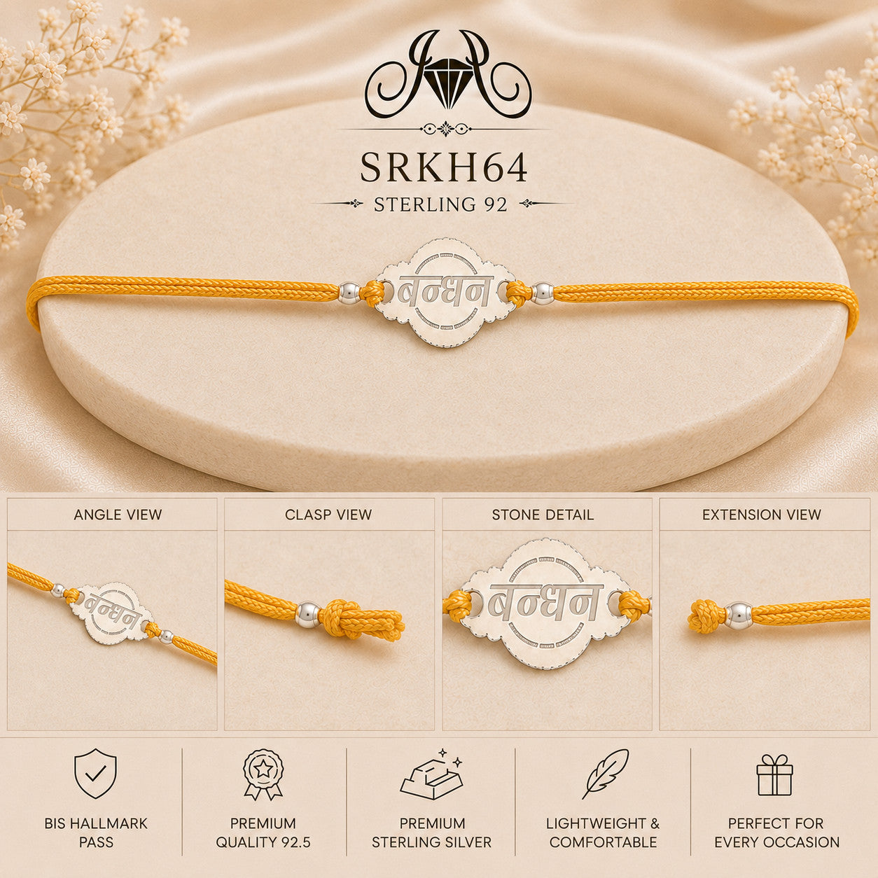 SRKH64 premium sterling silver Rakhi detail views