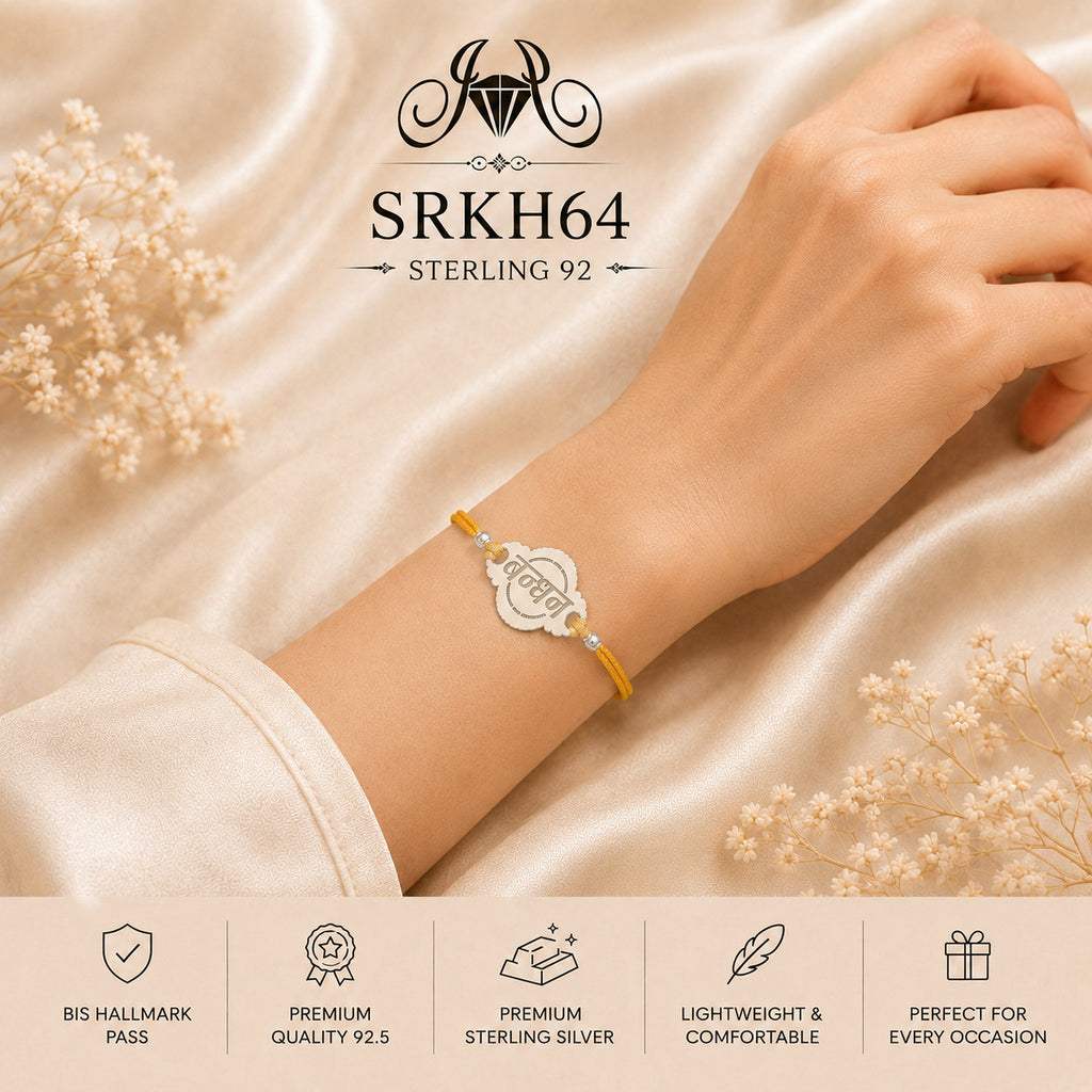 SRKH64 premium sterling silver Rakhi worn on wrist