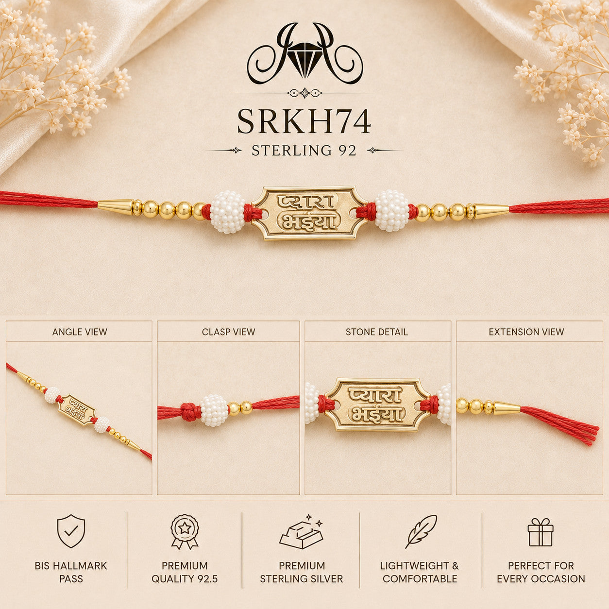 SRKH74 premium sterling silver Rakhi detail views