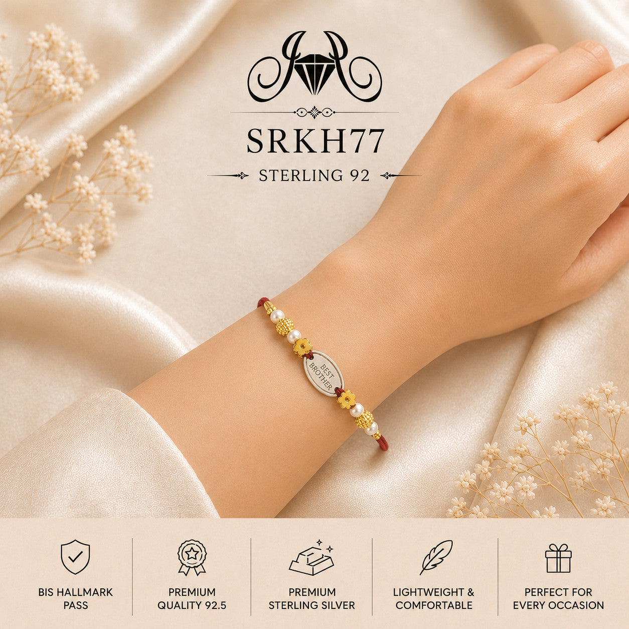 SRKH77 premium sterling silver Rakhi worn on wrist