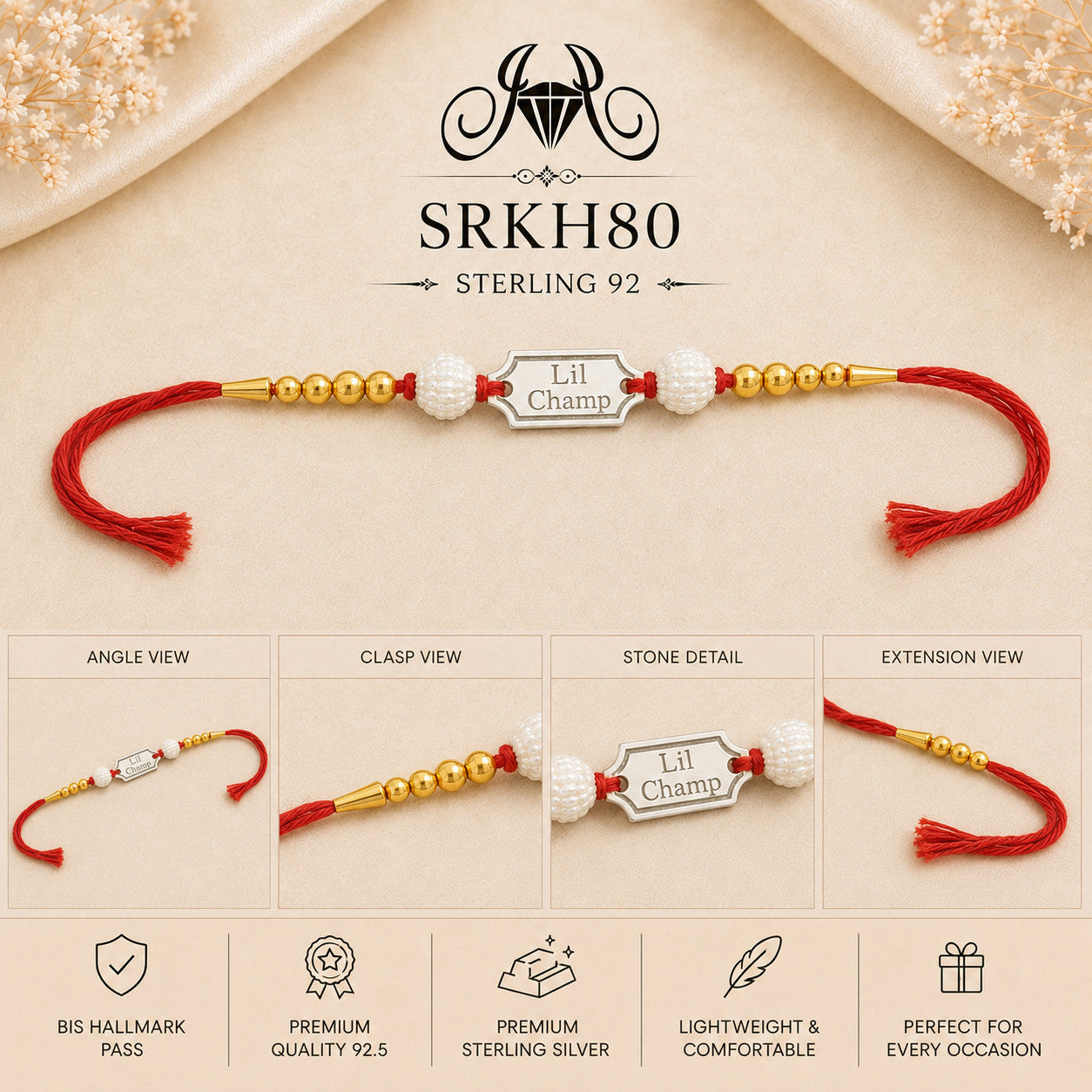 SRKH80 premium sterling silver Rakhi detail views
