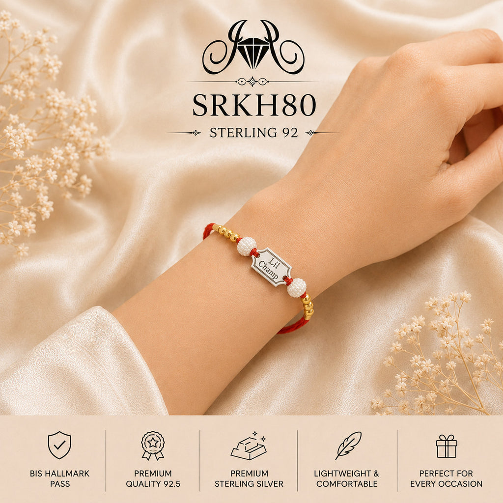 SRKH80 premium sterling silver Rakhi worn on wrist
