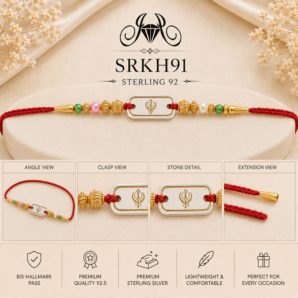 SRKH91 premium sterling silver Rakhi detail views