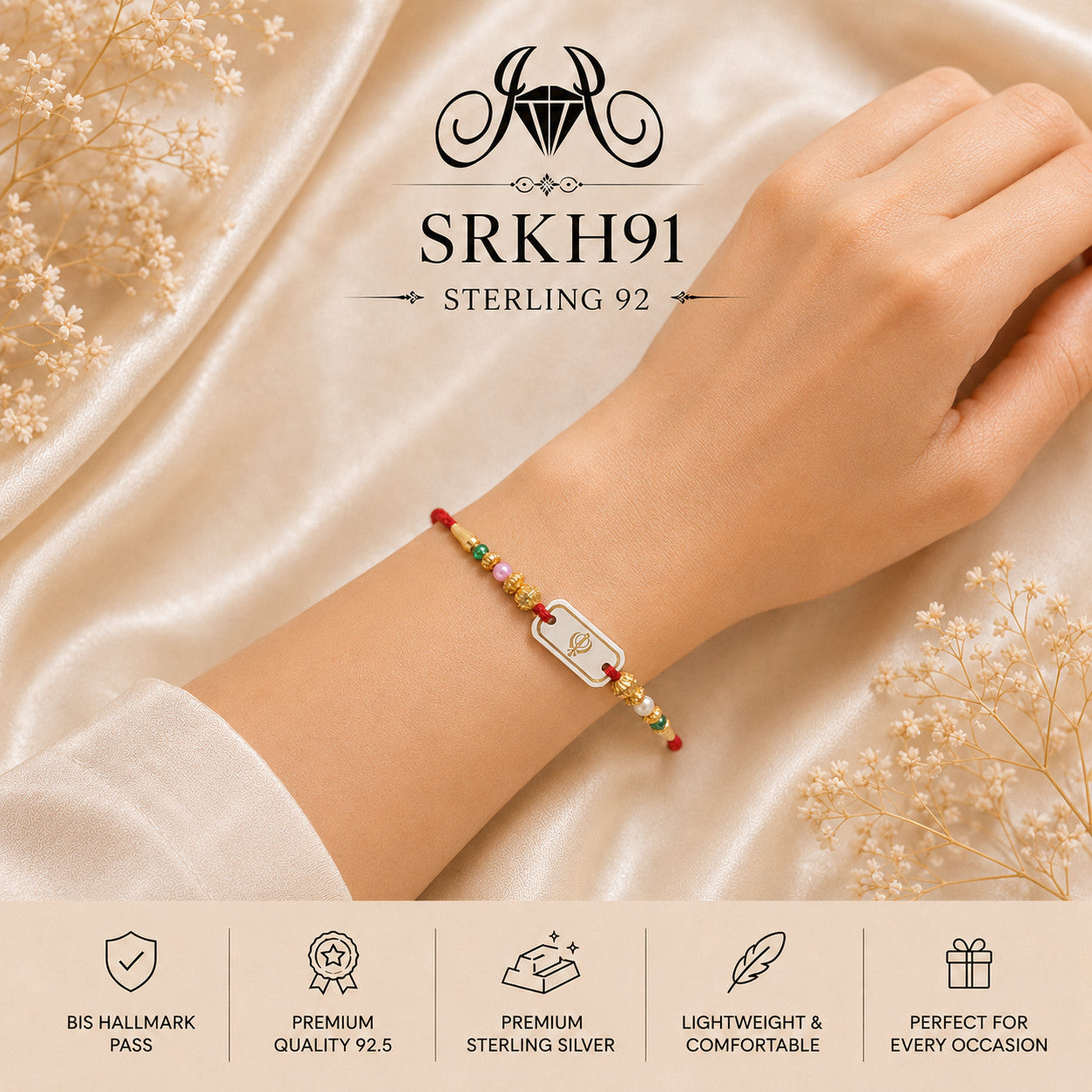 SRKH91 premium sterling silver Rakhi worn on wrist