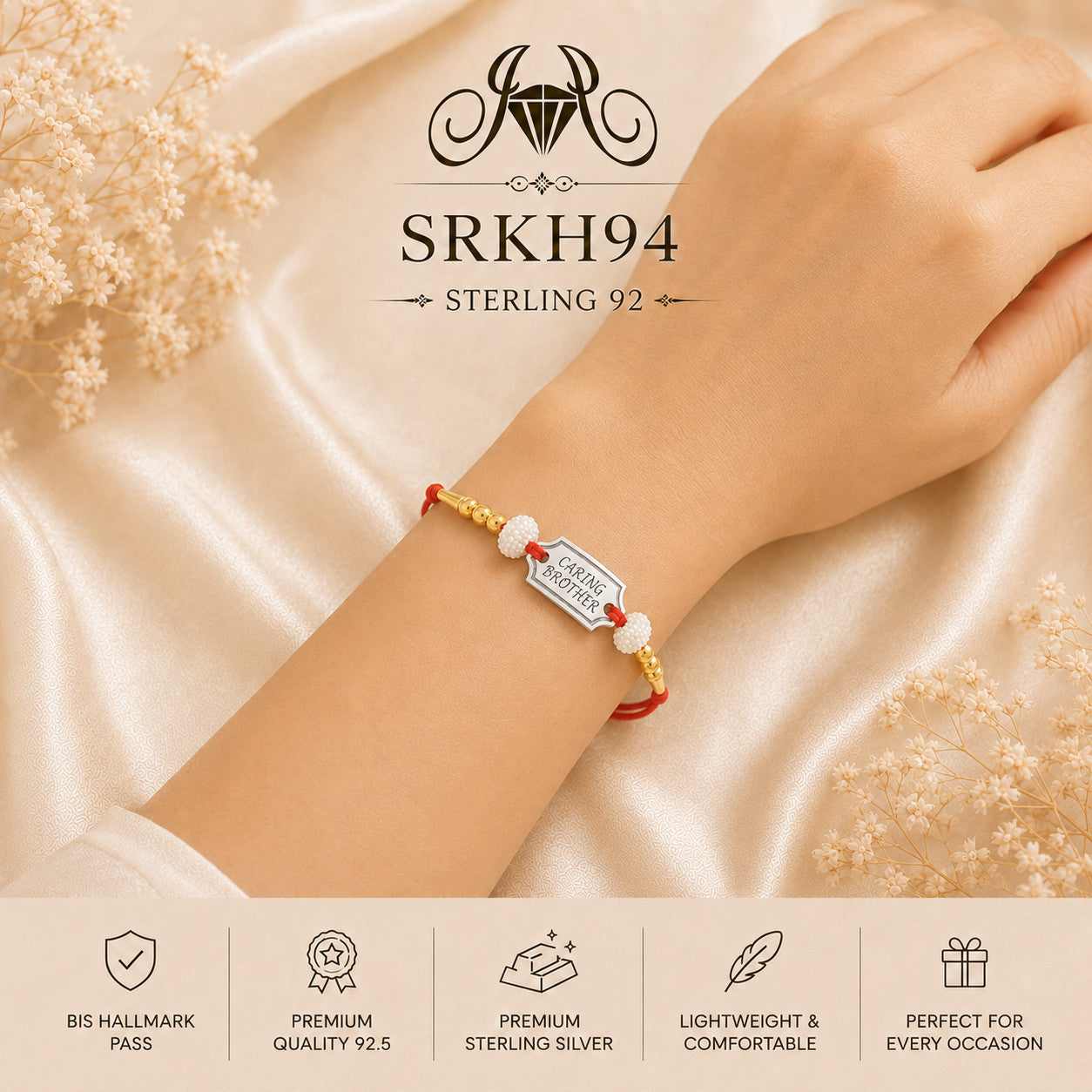 SRKH94 premium sterling silver Rakhi worn on wrist
