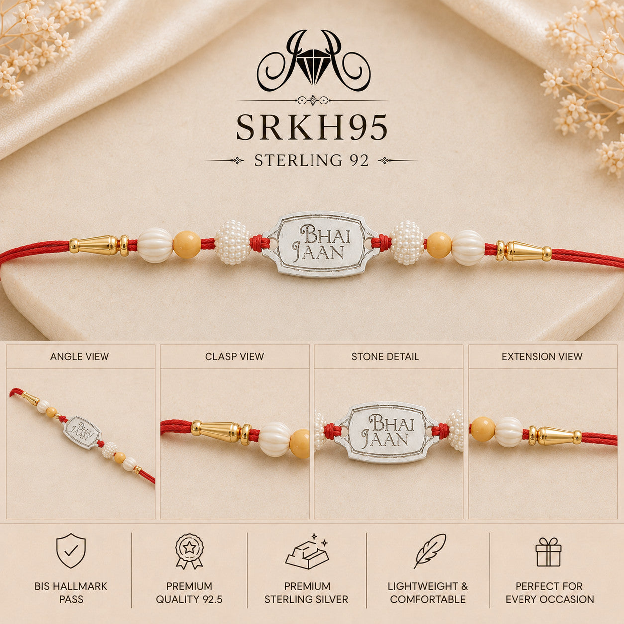 SRKH95 premium sterling silver Rakhi detail views