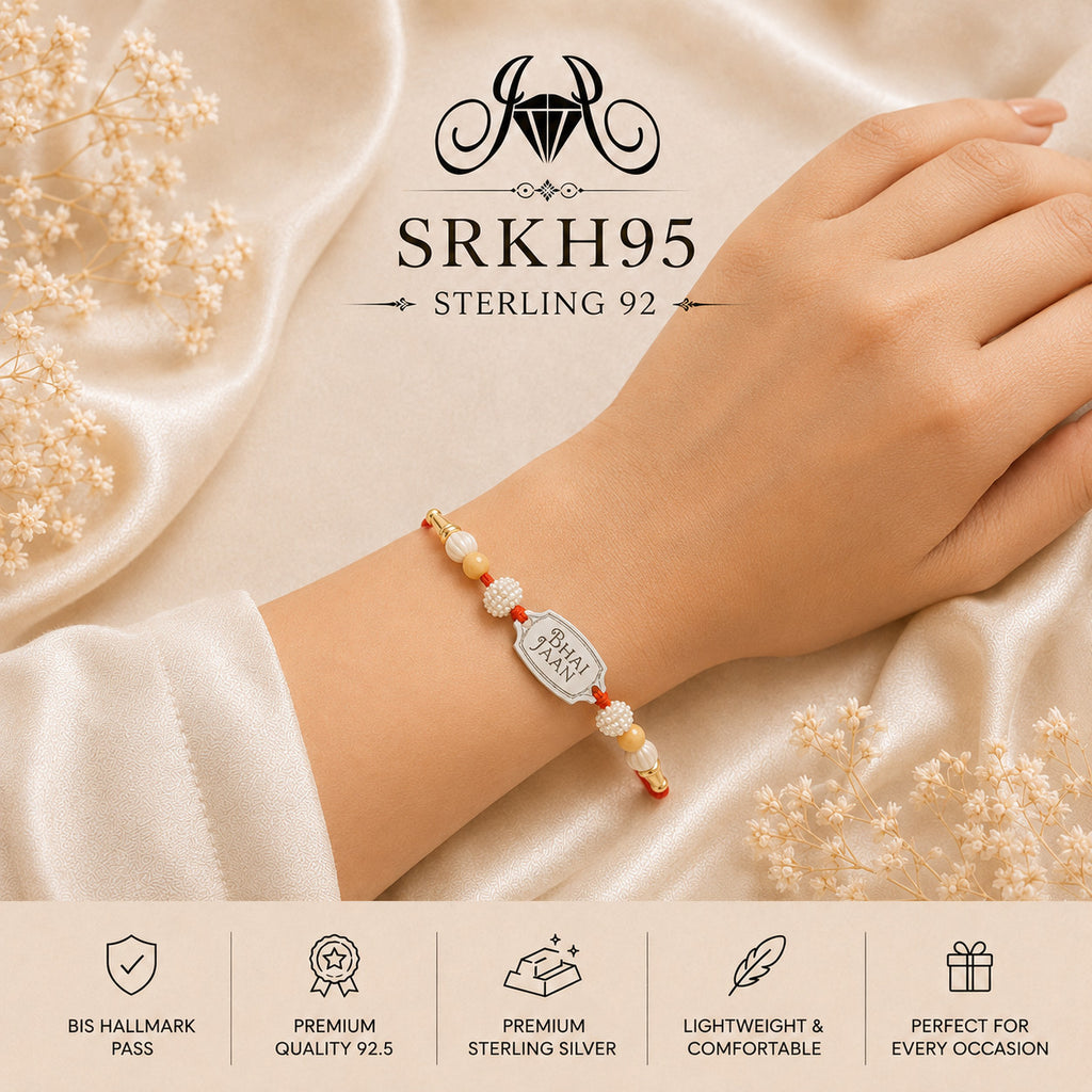 SRKH95 premium sterling silver Rakhi worn on wrist
