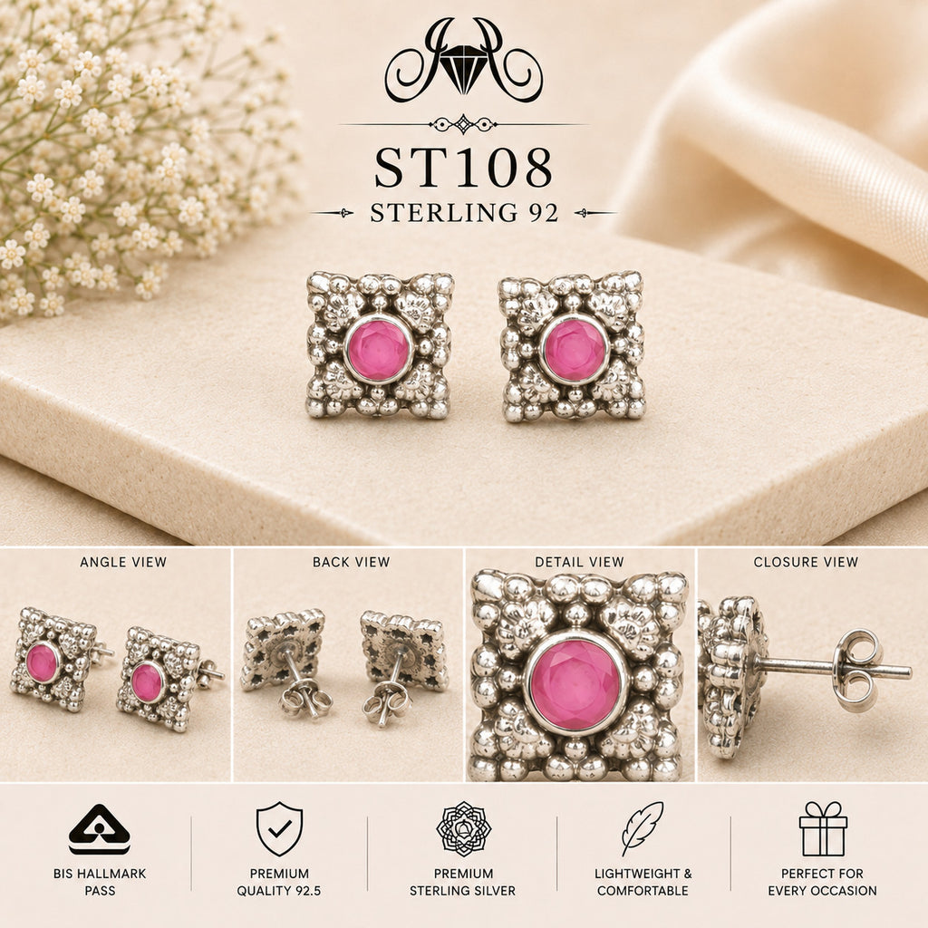 Pink Square Halo 925 Sterling Silver Stud Earrings ST108 details