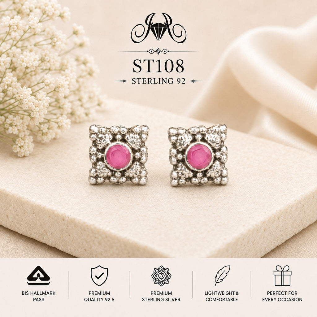 Pink Square Halo 925 Sterling Silver Stud Earrings ST108 portrait