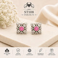 Pink Square Halo 925 Sterling Silver Stud Earrings ST108 portrait