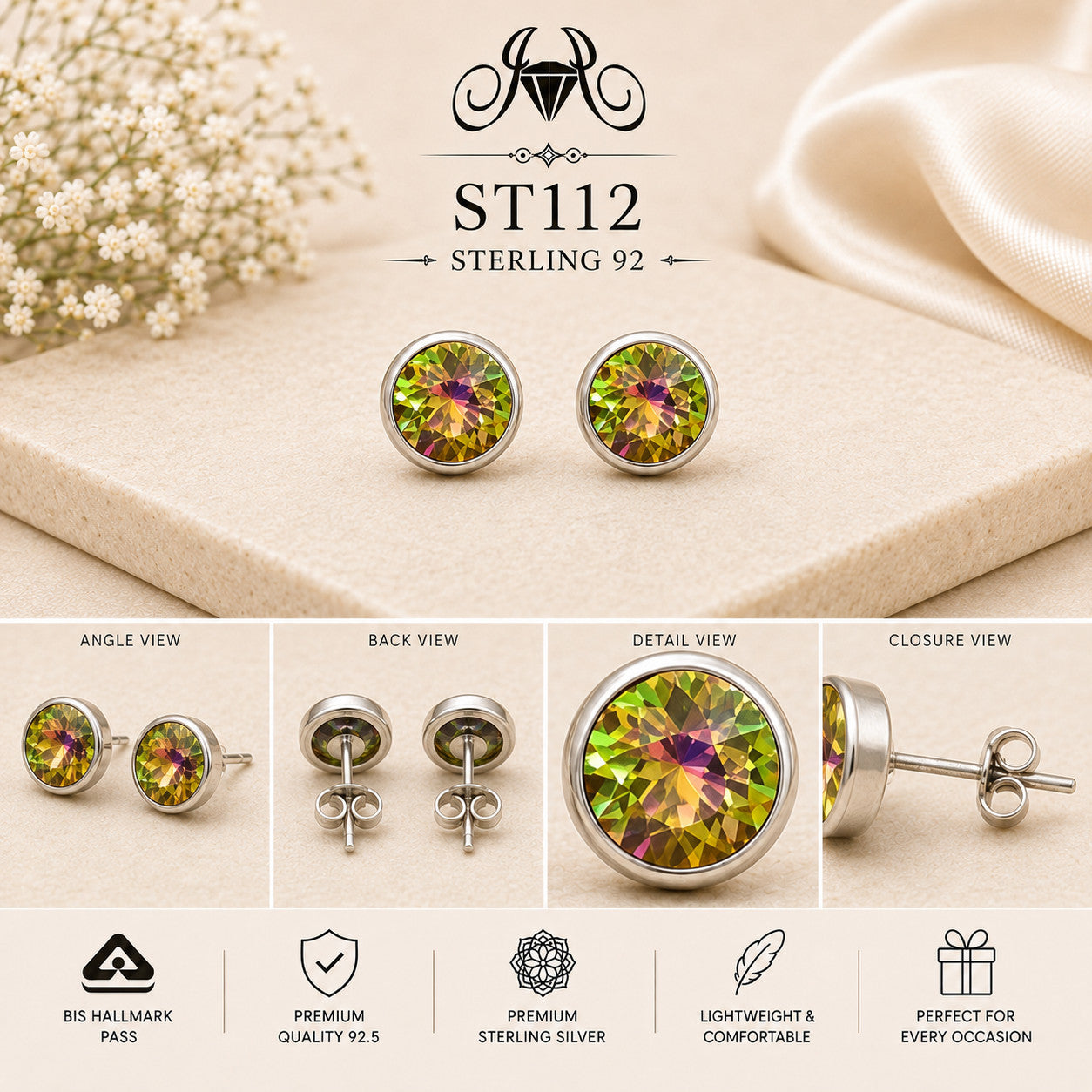 Multicolor Round Crystal 925 Sterling Silver Stud Earrings ST112 details