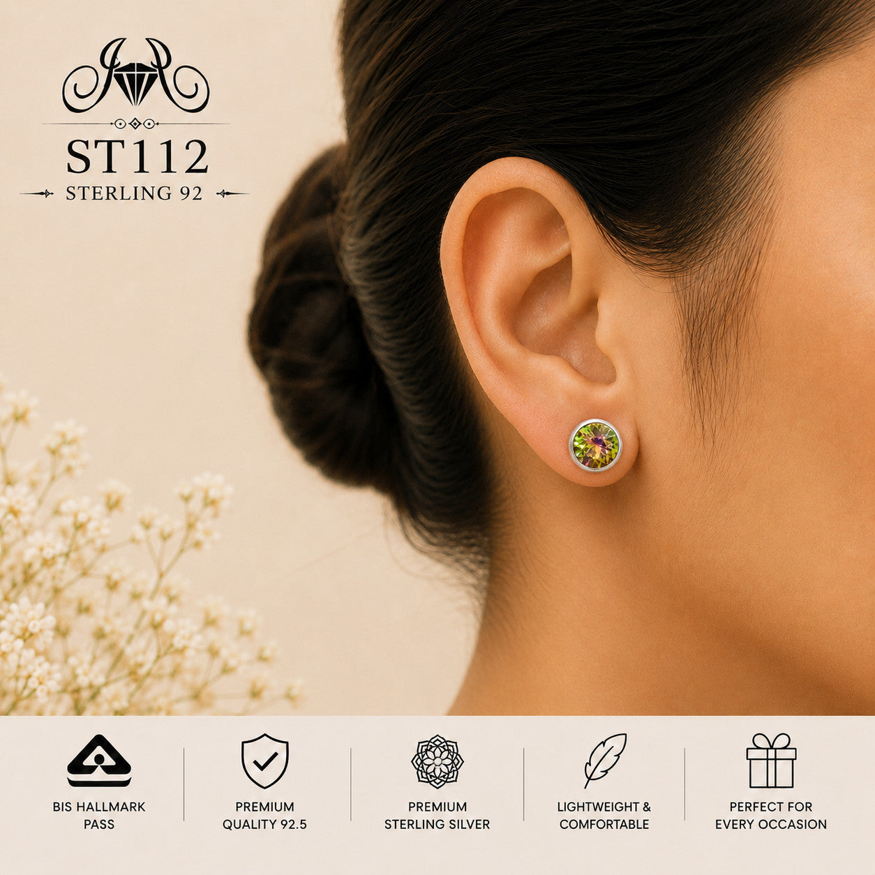 Multicolor Round Crystal 925 Sterling Silver Stud Earrings ST112 wearing view
