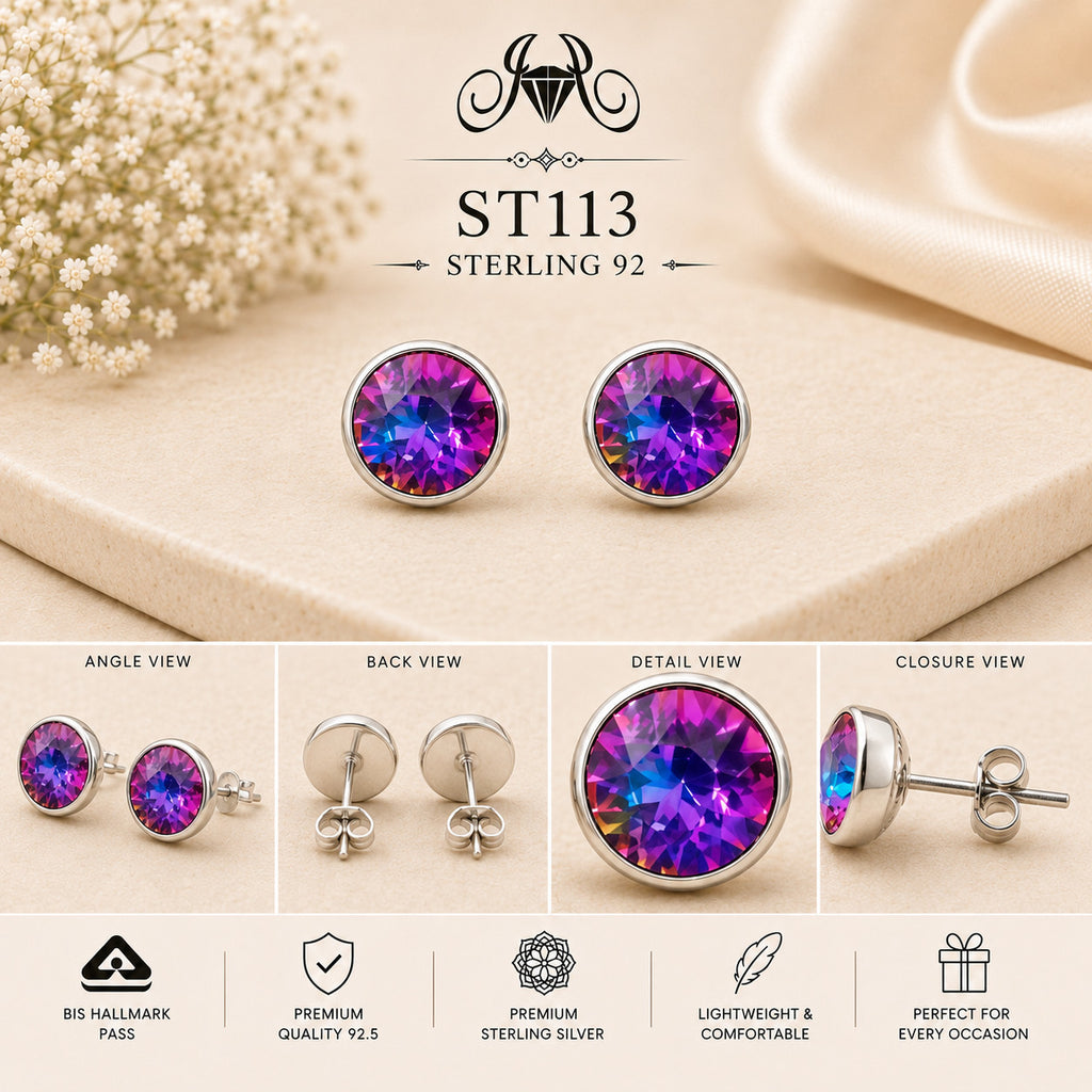 Purple Aurora Round Crystal 925 Sterling Silver Stud Earrings ST113 details