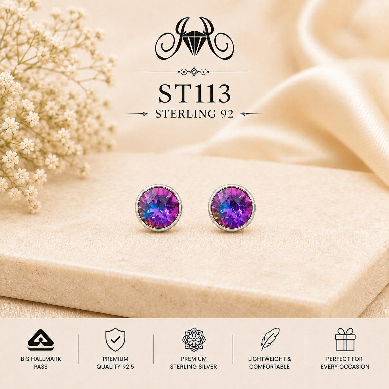 Purple Aurora Round Crystal 925 Sterling Silver Stud Earrings ST113 portrait
