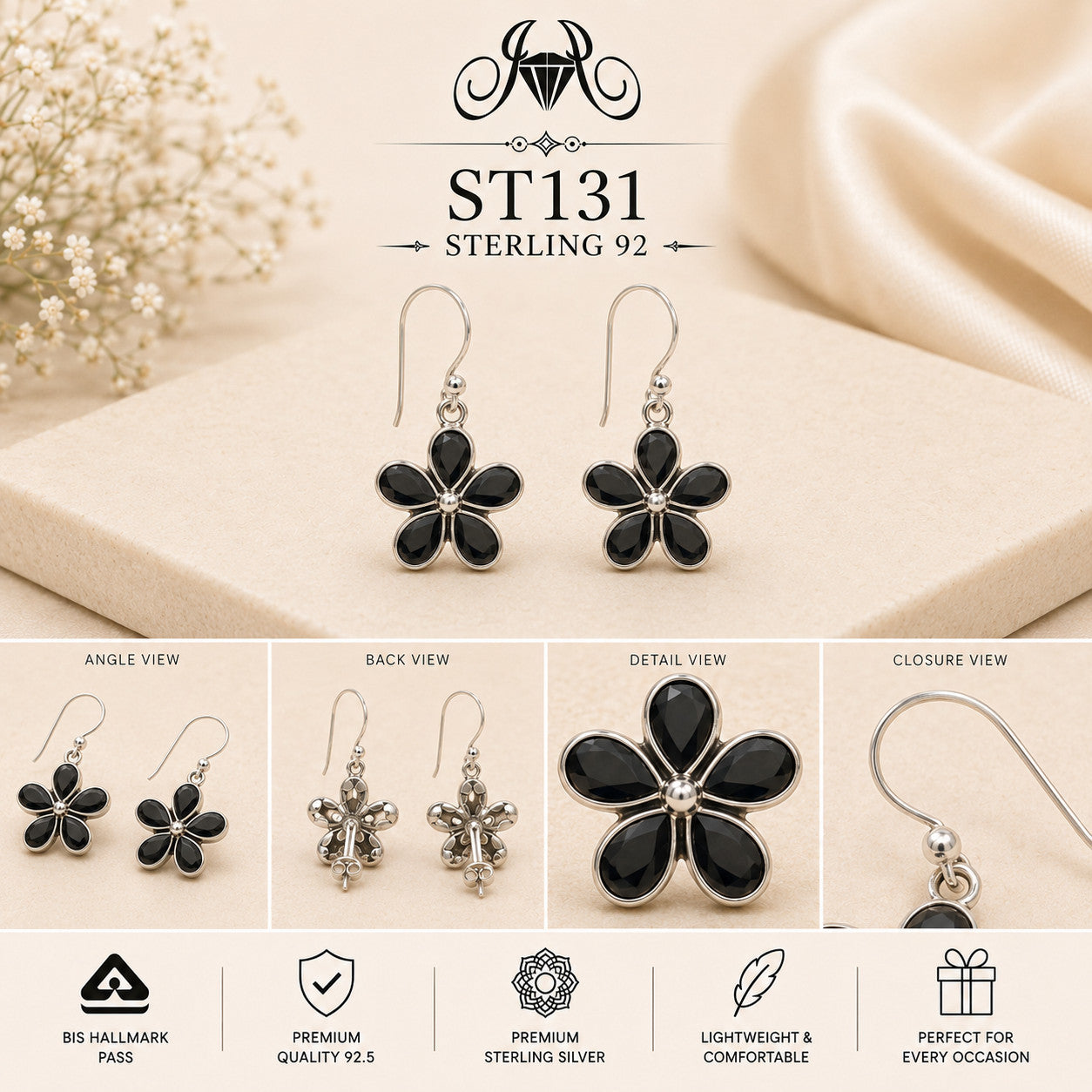 Black Flower 925 Sterling Silver Drop Earrings ST131 details