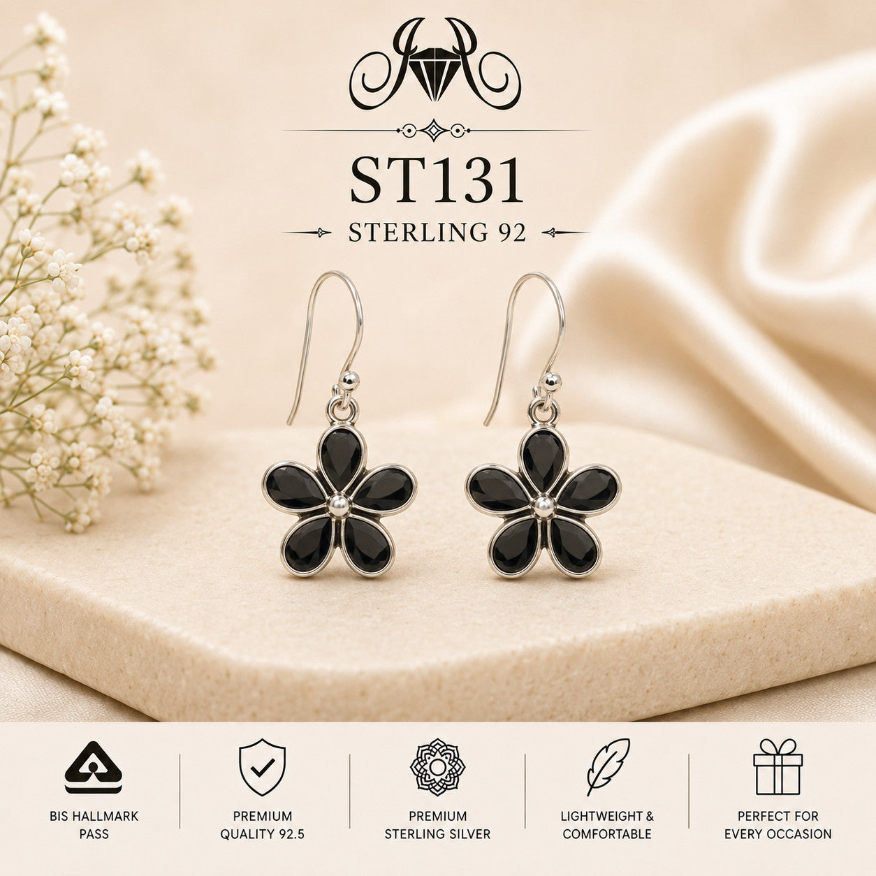Black Flower 925 Sterling Silver Drop Earrings ST131 portrait