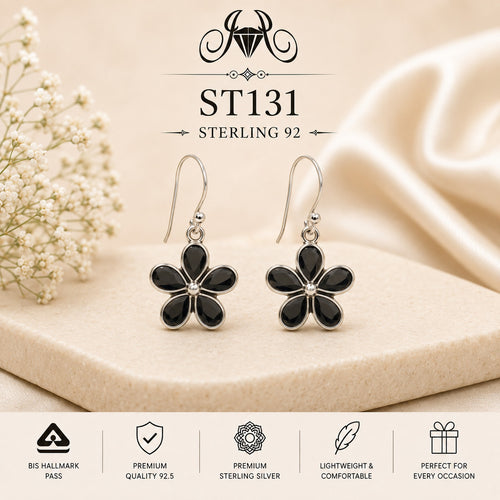 Black Flower 925 Sterling Silver Drop Earrings ST131 portrait
