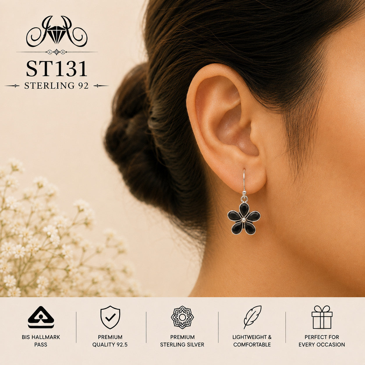 Black Flower 925 Sterling Silver Drop Earrings ST131 wearing view