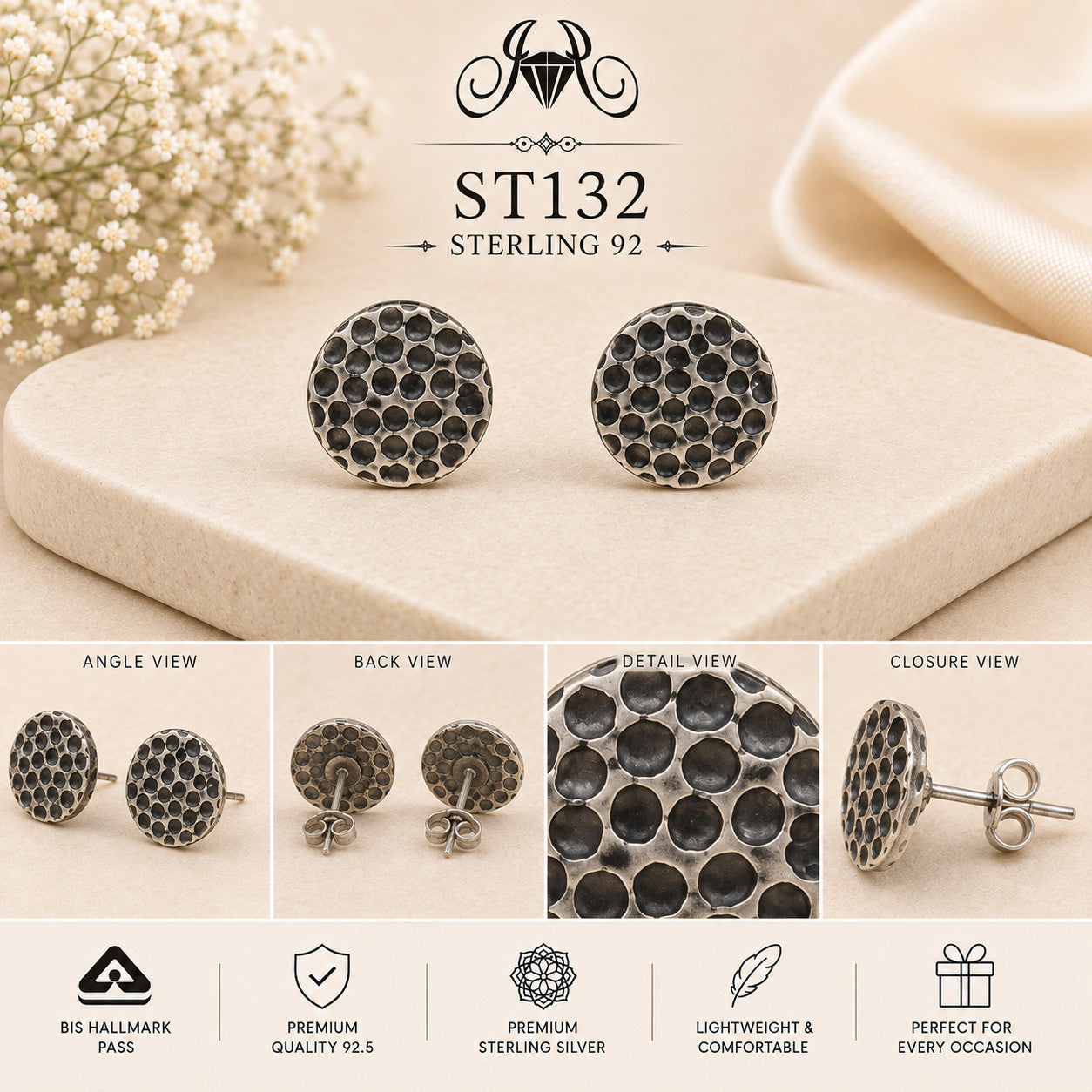 Oxidized Honeycomb Round 925 Sterling Silver Stud Earrings ST132 details