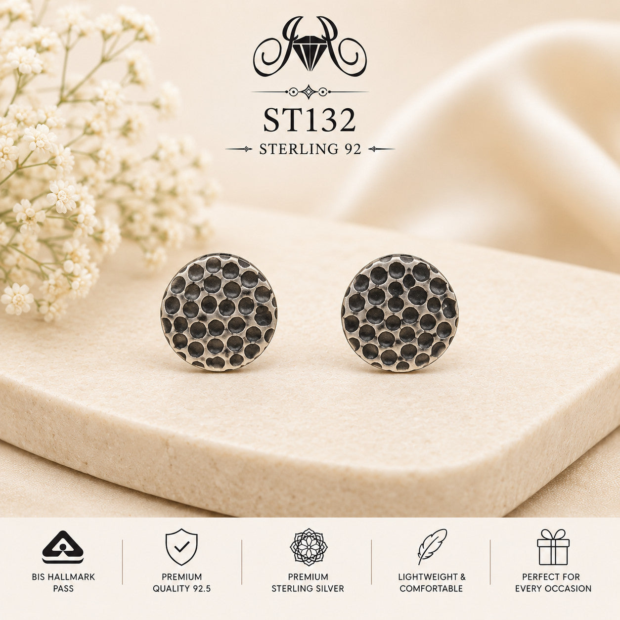 Oxidized Honeycomb Round 925 Sterling Silver Stud Earrings ST132 portrait