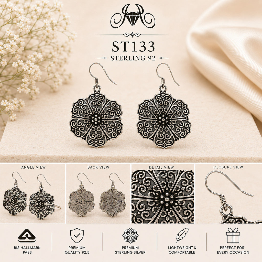 Oxidized Mandala 925 Sterling Silver Drop Earrings ST133 details