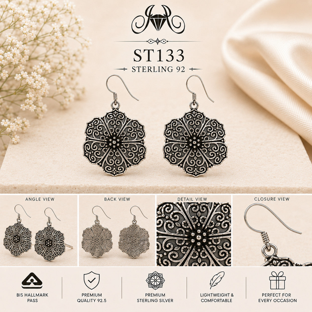 Oxidized Mandala 925 Sterling Silver Drop Earrings ST133 details