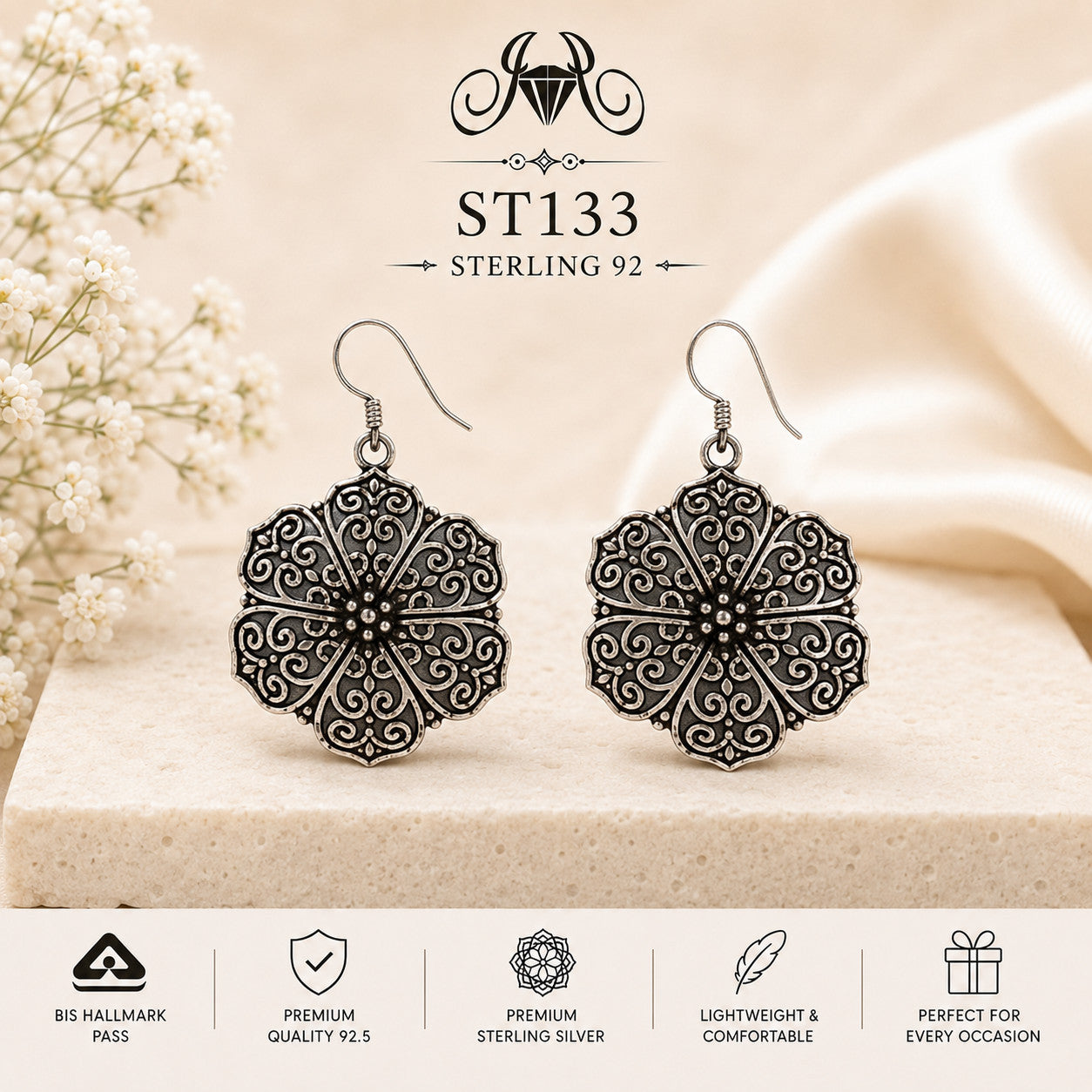 Oxidized Mandala 925 Sterling Silver Drop Earrings ST133 portrait
