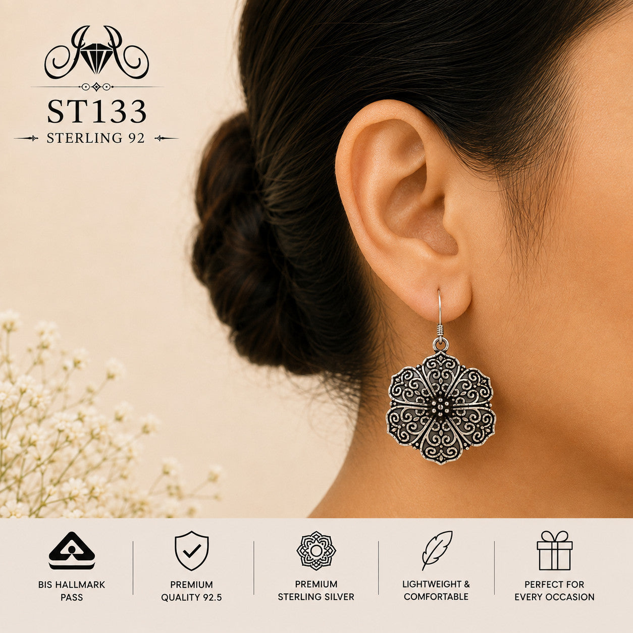 Oxidized Mandala 925 Sterling Silver Drop Earrings ST133 wearing view