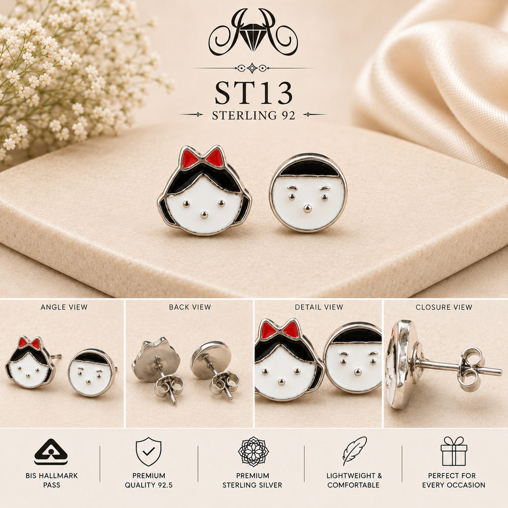 Cat Face Mismatched 925 Sterling Silver Stud Earrings ST13 details