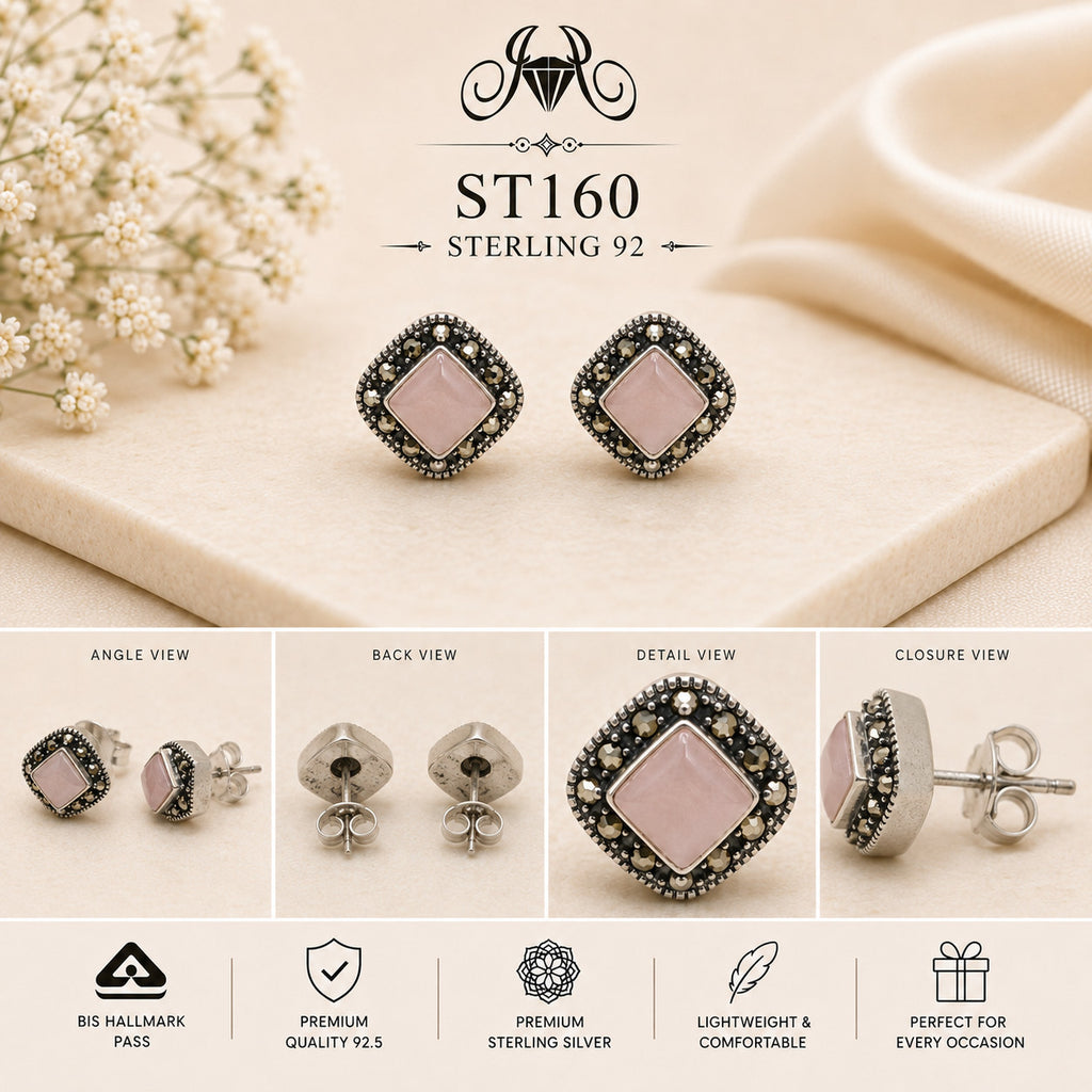 Pink Diamond Halo 925 Sterling Silver Stud Earrings ST160 details